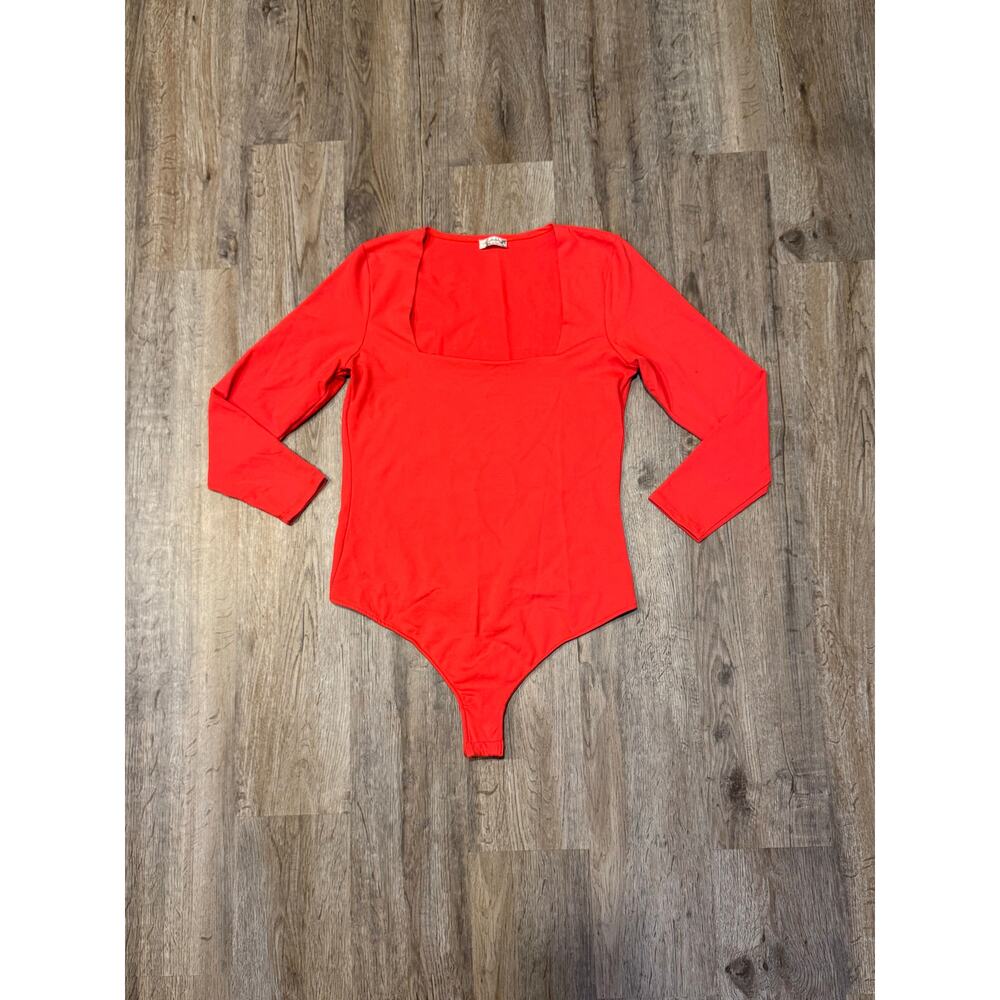 Free People Women’s Red Long Sleeve Square Neck Bodysuit Size Medium